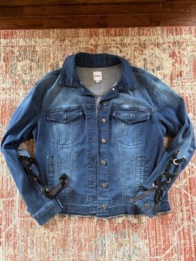 Kensie Blue Denim Jean Jacket with Lace-Up Sleeve Detail